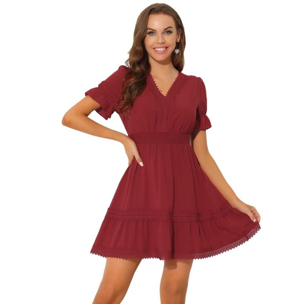 Boho Crochet Trim Puff Sleeve V Neck Smock Waist Ruffle Tier Dress Red